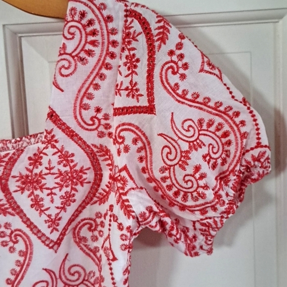NWT Embroidered So Me 100% Cotton  Red/wht Eyelet Babydoll Dress Empire Waist - Picture 4 of 12
